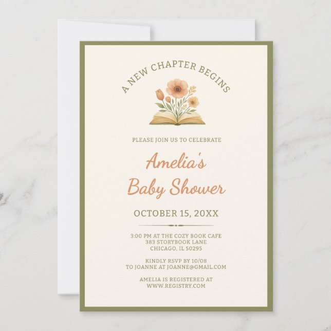 Invitación A New Chapter Begins - Book Theme Baby Shower (Anverso)