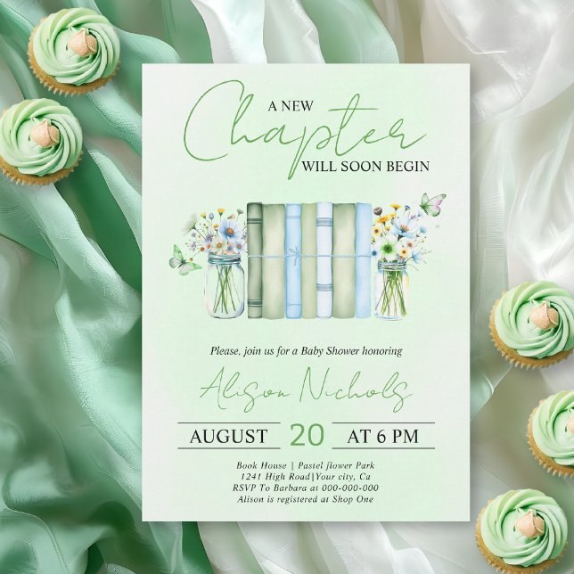 Invitación A New Chapter Begins bookneutral green baby shower (Subido por el creador)