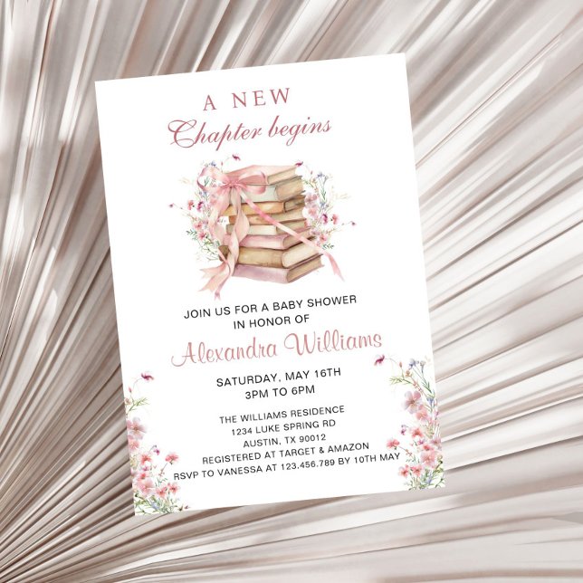 Invitación A New Chapter Begins Coquette Books Baby Shower (A New Chapter Begin Pink Coquette Bow Baby Shower Invitation)