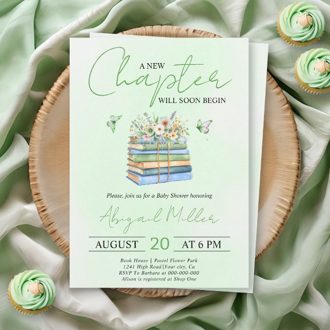 Invitación A New Chapter Begins floral book green baby shower (Subido por el creador)