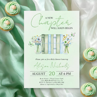 Invitación A New Chapter Begins neutral green baby shower
