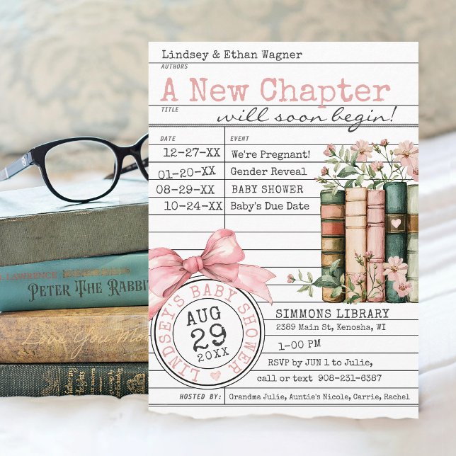 Invitación A New Chapter Library Card Books Pink Baby Shower (A New Chapter floral books wildflower pink bows library card cute modern baby girl shower invitation)