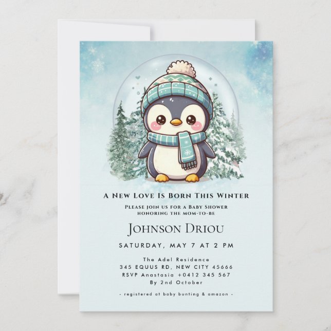 Invitación A New Love Is Born This Winter Winter Penguin Baby (Anverso)