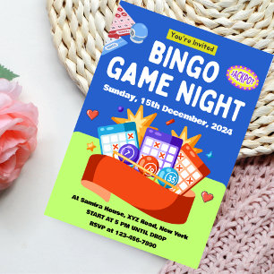 Invitación a Noche de Bingo Divertida Azul y Verde