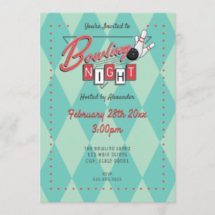 Invitación a Noche de Bolos con Logo Retro