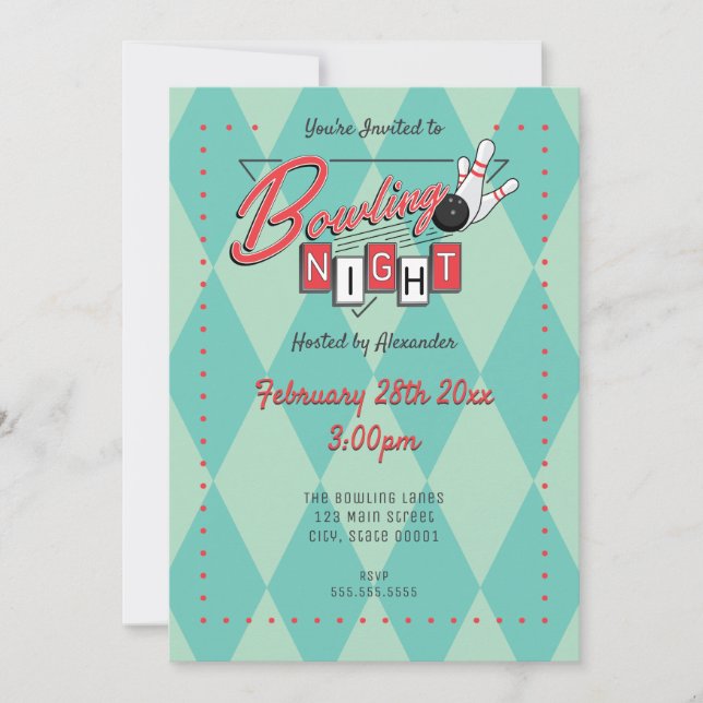 Invitación a Noche de Bolos con Logotipo Retro (Anverso)