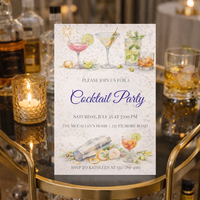 Invitación a Noche de Cóctel con Guión Azul (Blue script cocktail night with citrus drinks and modern bar gathering vibe)