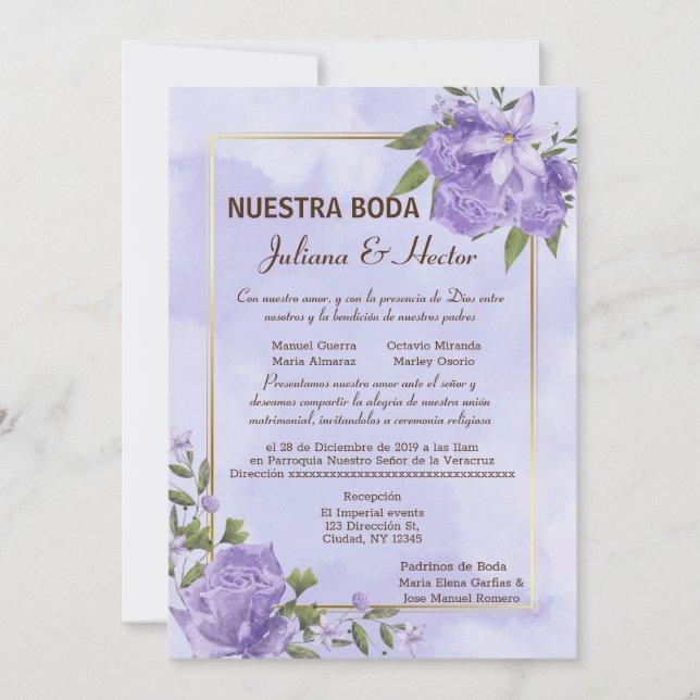 Invitación a Nuestra Boda de Purple Watercolor (Anverso)