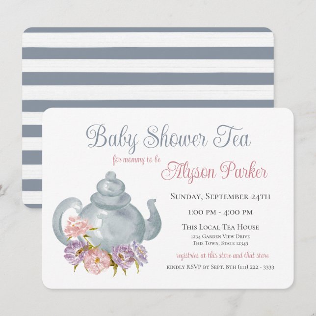 Invitación a olla de té Fiesta Baby Shower Floral  (Anverso / Reverso)