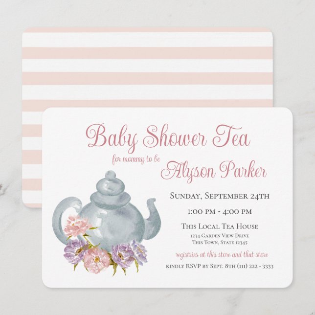 Invitación a olla de té Fiesta Baby Shower Floral  (Anverso / Reverso)