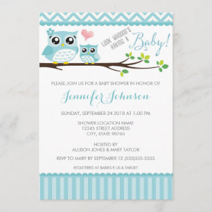 Invitación a Owl Baby Shower Chevron azul Niño