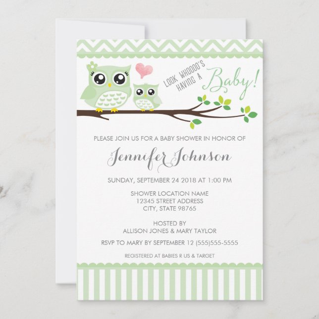 Invitación a Owl Baby Shower | Chevron verde (Anverso)
