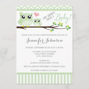 Invitación a Owl Baby Shower Chevron verde