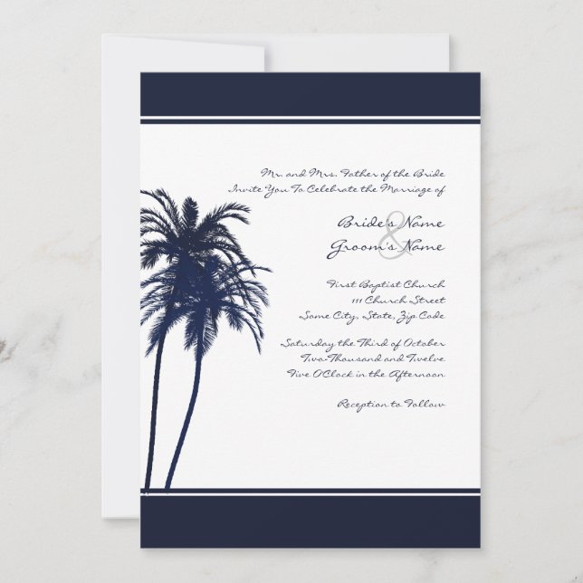 Invitación a palmas tropicales blancas y azules de (Anverso)