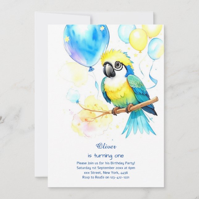 Invitación a Parrot First Birthday (Anverso)