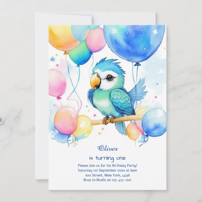 Invitación a Parrot First Birthday (Anverso)
