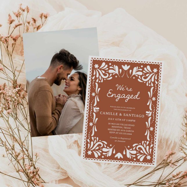 Invitación a participar en Terracota Papel Picado (Photo We're Engaged Party Invitation)