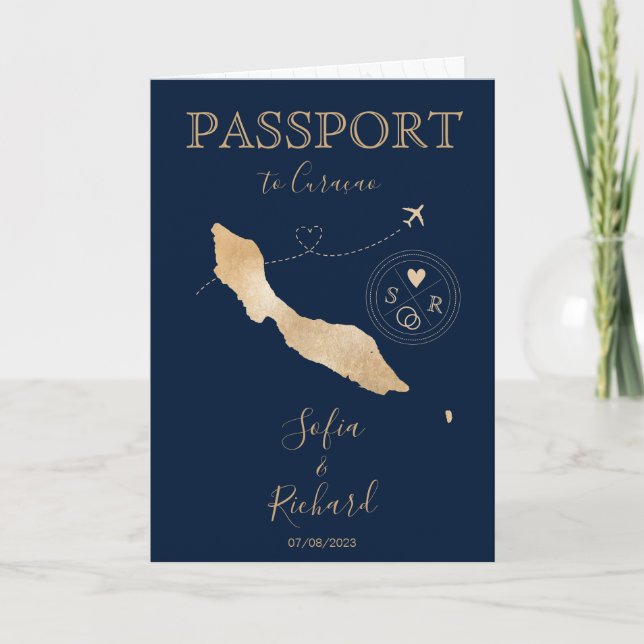 Invitación a pasaporte de destino de Boda de Curaç (Anverso)