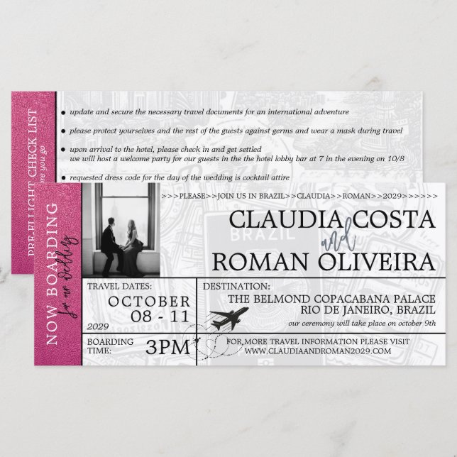 Invitación a pases para Boda de Magenta Brasil (Anverso / Reverso)