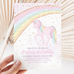 Invitación a Pastel de Chicas de cumpleaños de Rai<br><div class="desc">Invitación de cumpleaños de Pastel Rainbow Unicorn. Un bonito arco iris acuático y unicornio con detalles falsos de purpurina dorado.</div>
