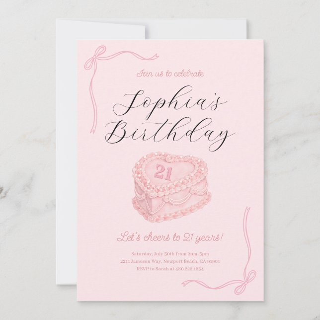 Invitación a pastel de cumpleaños rosa Coquette (Anverso)
