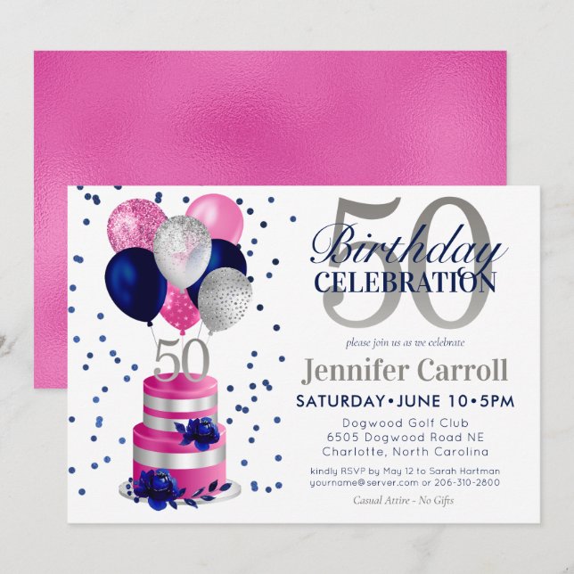 Invitación a pastel rosa de cumpleaños número 50 (Anverso / Reverso)