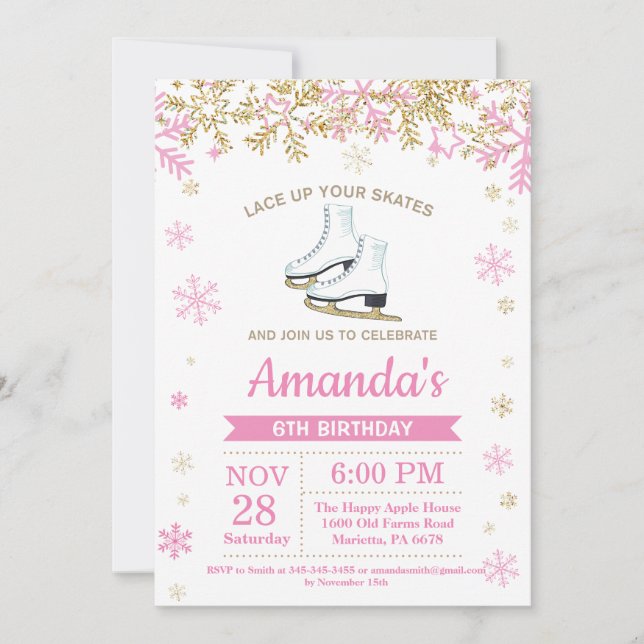 Invitación a patinaje sobre hielo fiesta de cumple (Anverso)