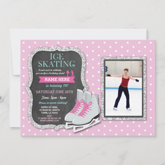 Invitación a patinar con fotos rosadas en la fiest (Anverso)