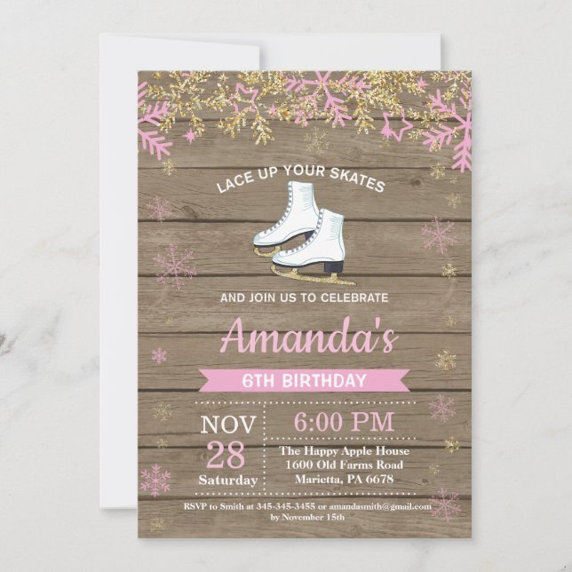 Invitación a patinar sobre hielo fiesta de cumplea (Anverso)