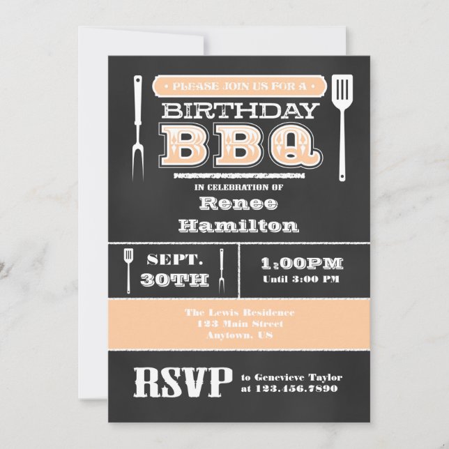 Invitación a Peach BQ Birthday Chalkboard (Anverso)