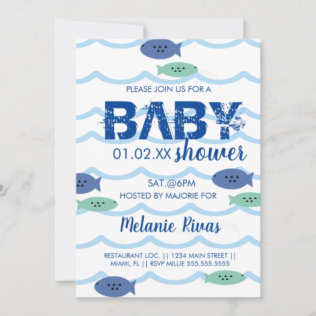 Invitación a peces de ondas azules de Baby Shower  (Anverso)