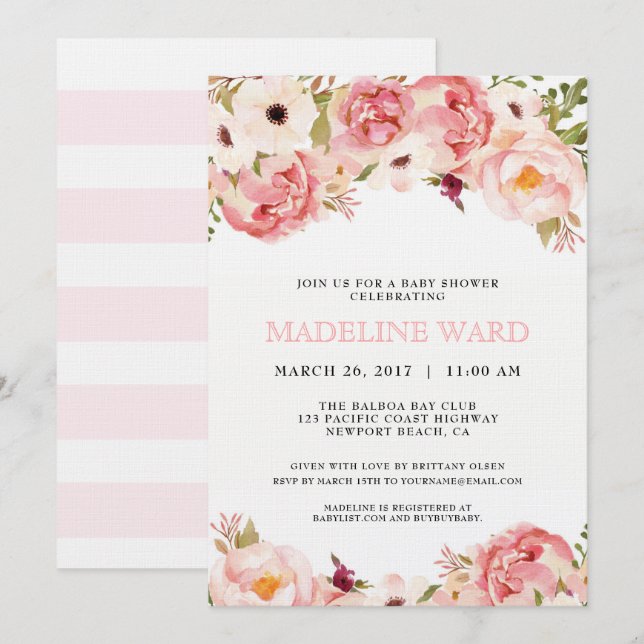 Invitación a Peony Baby Shower (Anverso / Reverso)