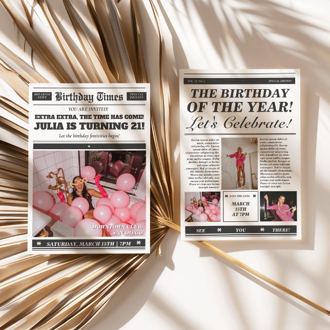 Invitación a periódico de cumpleaños 21ª invitació (Birthday Newspaper Invitation)