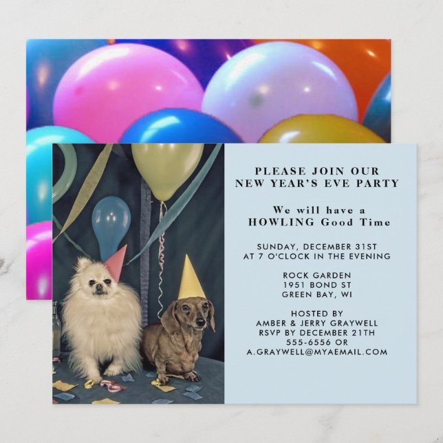 Invitación a perros Fiestas de Nochevieja y globos (Anverso / Reverso)