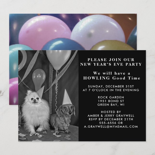 Invitación a perros Fiestas de Nochevieja y globos (Anverso / Reverso)