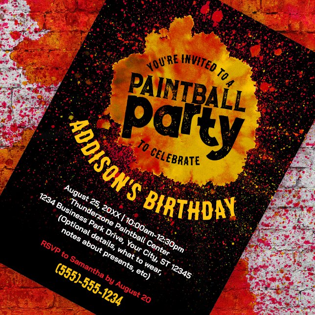 Invitación a Personalizado de la fiesta de cumplea (orange paint splatter customizable birthday invite against a paint splattered brick background. )