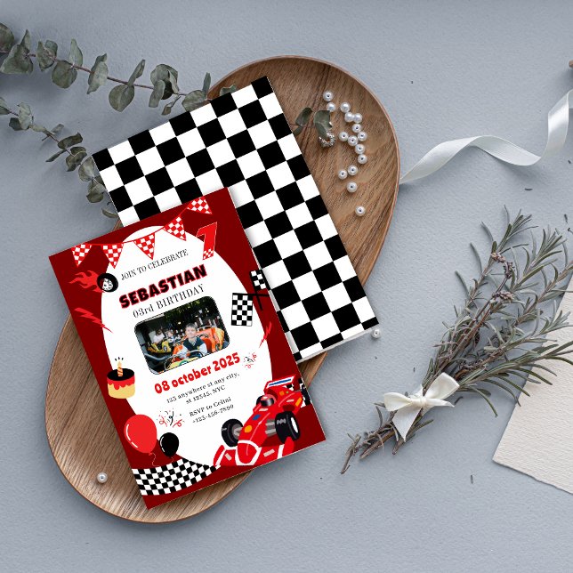 Invitación a Personalizado de la Marina y la raza  (Red & Black Race Birthday Invitation-Custom Photo Invitation)