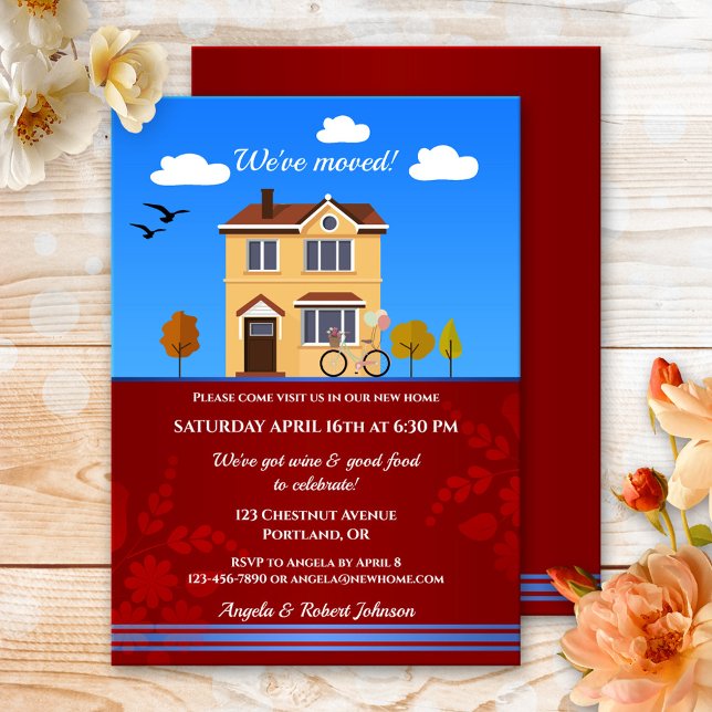 Invitación a Personalizado de vivienda independien (Housewarming party invitation featuring a cartoon design of a detached house and bike with balloons)