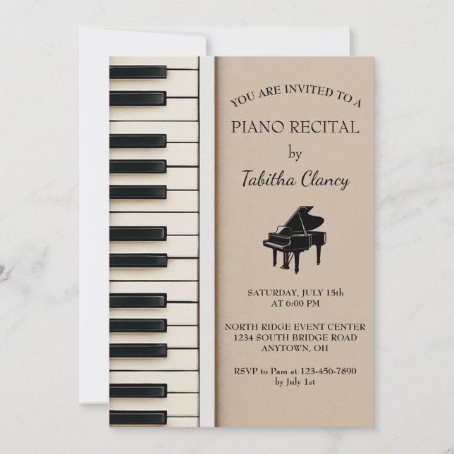 Invitación a Piano Recital con Diseño de Teclado (Anverso)
