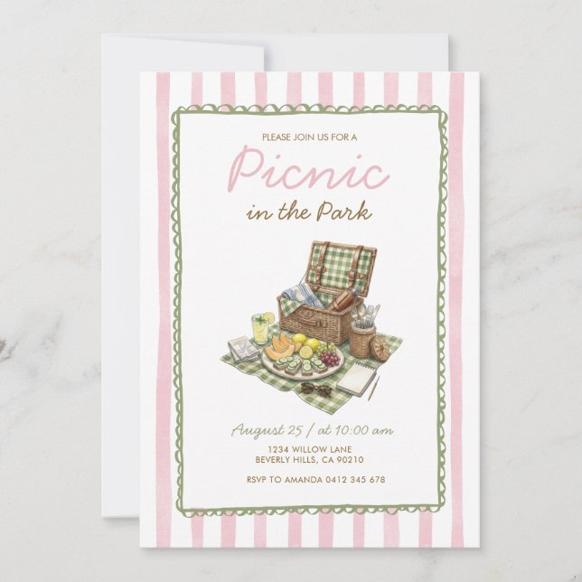 Invitación a picnic de verano rosa en el parque (Anverso)