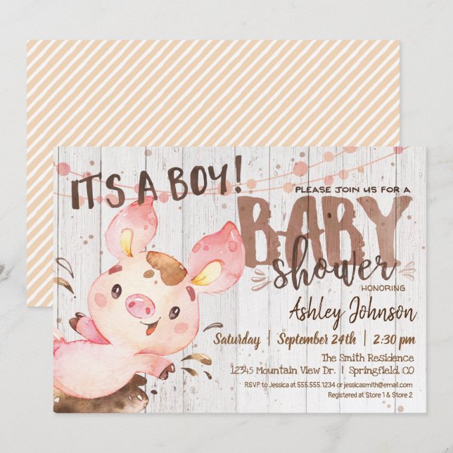 Invitación a Pig Baby Shower, Boy, Farm (Anverso / Reverso)