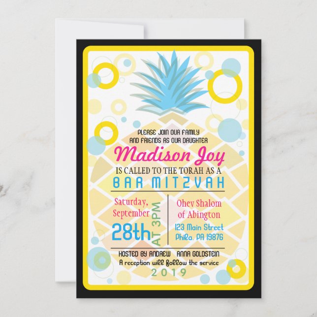 Invitación a PINEAPPLE TROPICAL Bat Mitzvah (Anverso)
