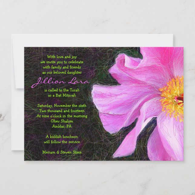 Invitación a PINK PEONY Bat Mitzvah (Anverso)