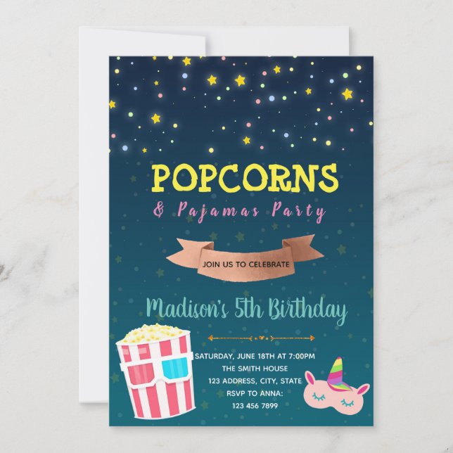 Invitación a pipcorn y pijamas (Anverso)