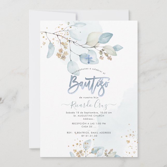 Invitación a PixDezines H2 Eucalyptus Bautizo (Anverso)