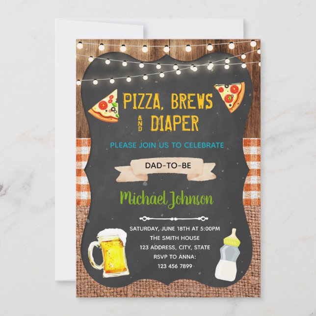 invitación a Pizza Brews y Pañales (Anverso)
