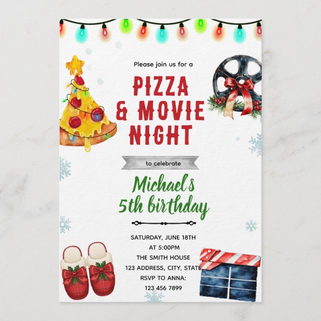 Invitación a Pizza y Fiesta de Pijamas de Película (Anverso)
