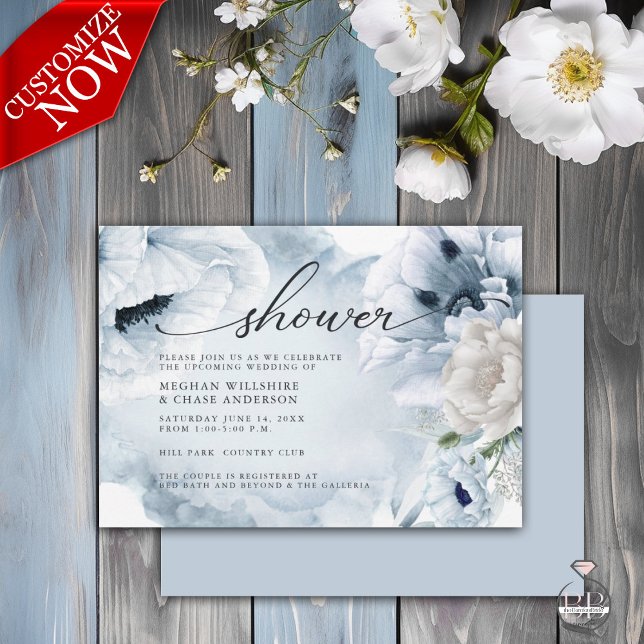 Invitación a Poppies Rustic Blue Floral (Easy to Customize with your details)