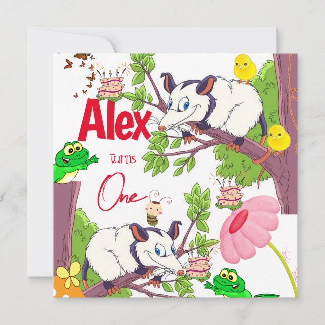 Invitación a possum Frog para el primer cumpleaños (Anverso)