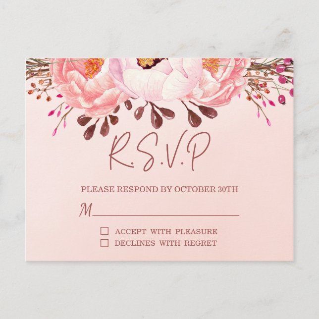 Invitación a postales de Boda de Rubor Floral RSVP (Anverso)